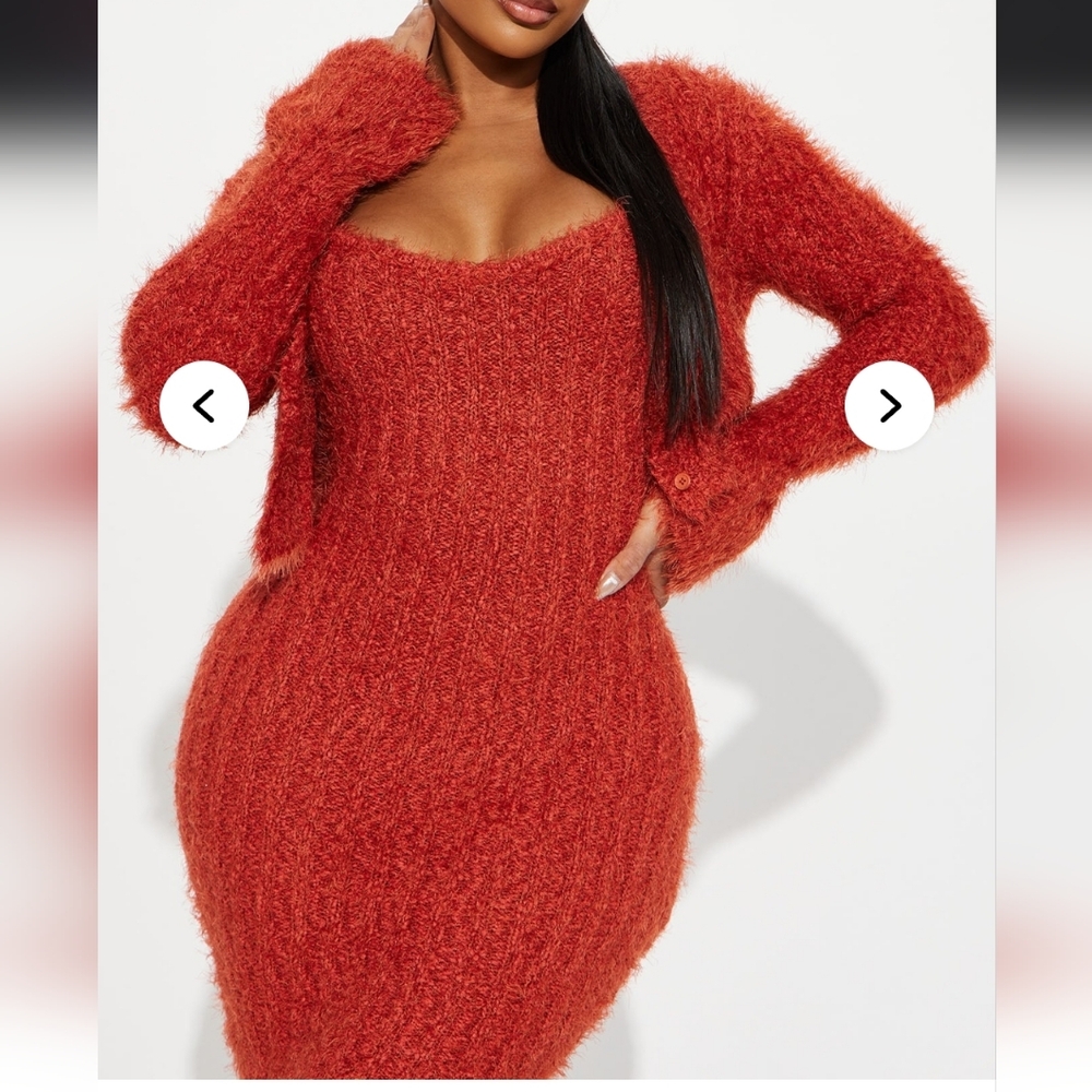 Fuzzy Knit Midi Dress with Matching Shrug - Red/Rust - Picture 3 of 5